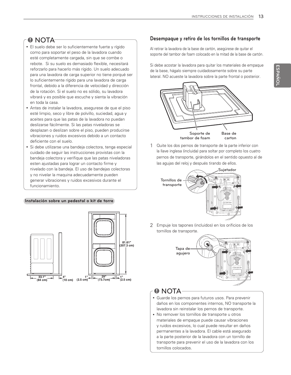 Nota, Desempaque y retiro de los tornillos de transporte | LG WM8000HWA User Manual | Page 53 / 80