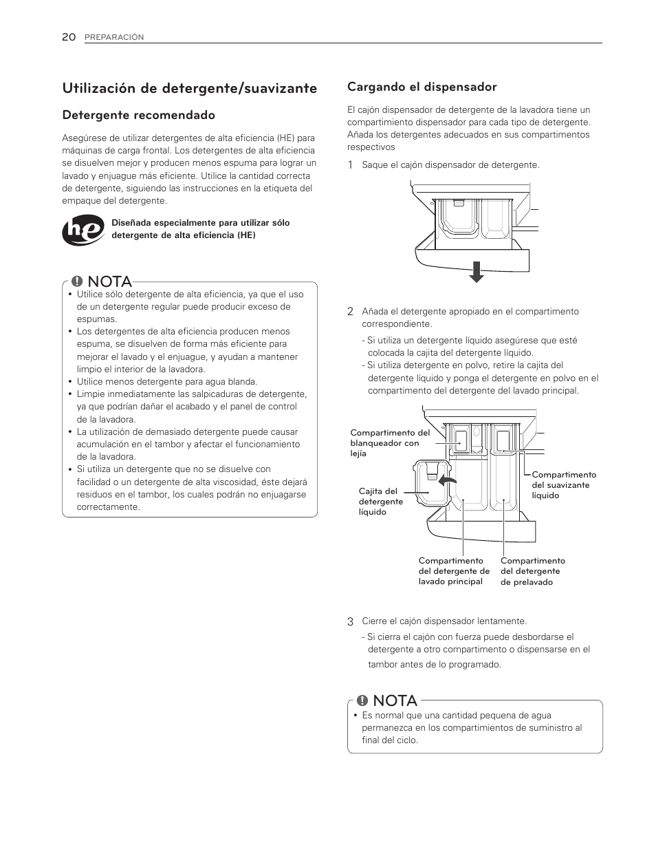 Nota, Utilización de detergente/suavizante, Cargando el dispensador | Detergente recomendado | LG WM8000HWA User Manual | Page 60 / 80