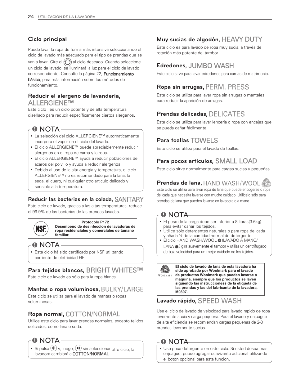 Nota, Heavy duty, Jumbo wash | Towels, Small load, Allergiene, Sanitary, Bright whites | LG WM8000HWA User Manual | Page 64 / 80