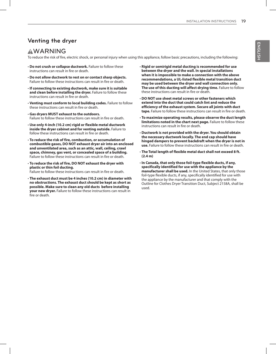 Warning, Venting the dryer | LG DLGX3651V User Manual | Page 19 / 96