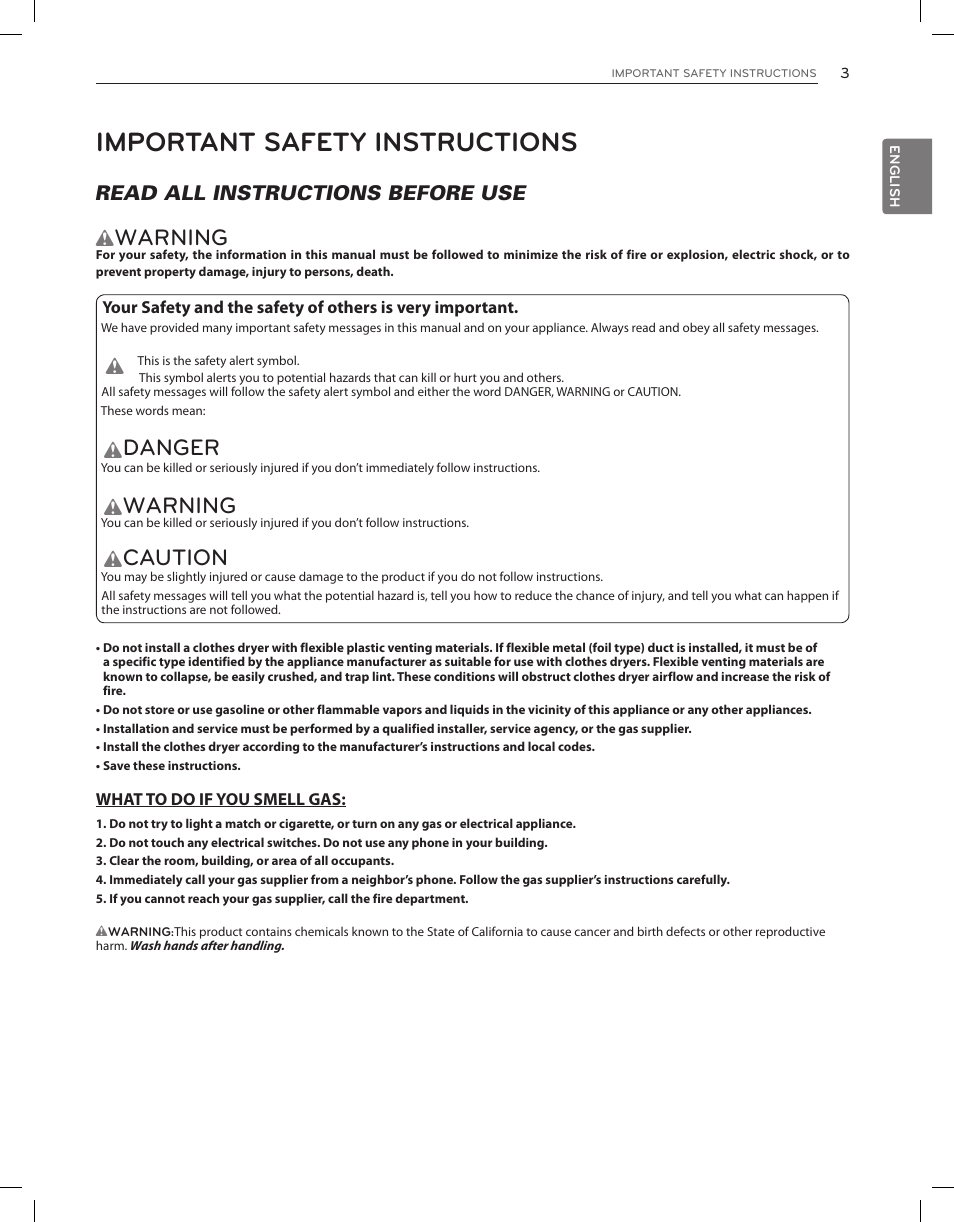 Important safety instructions, Warning, Danger | Caution | LG DLGX3651V User Manual | Page 3 / 96