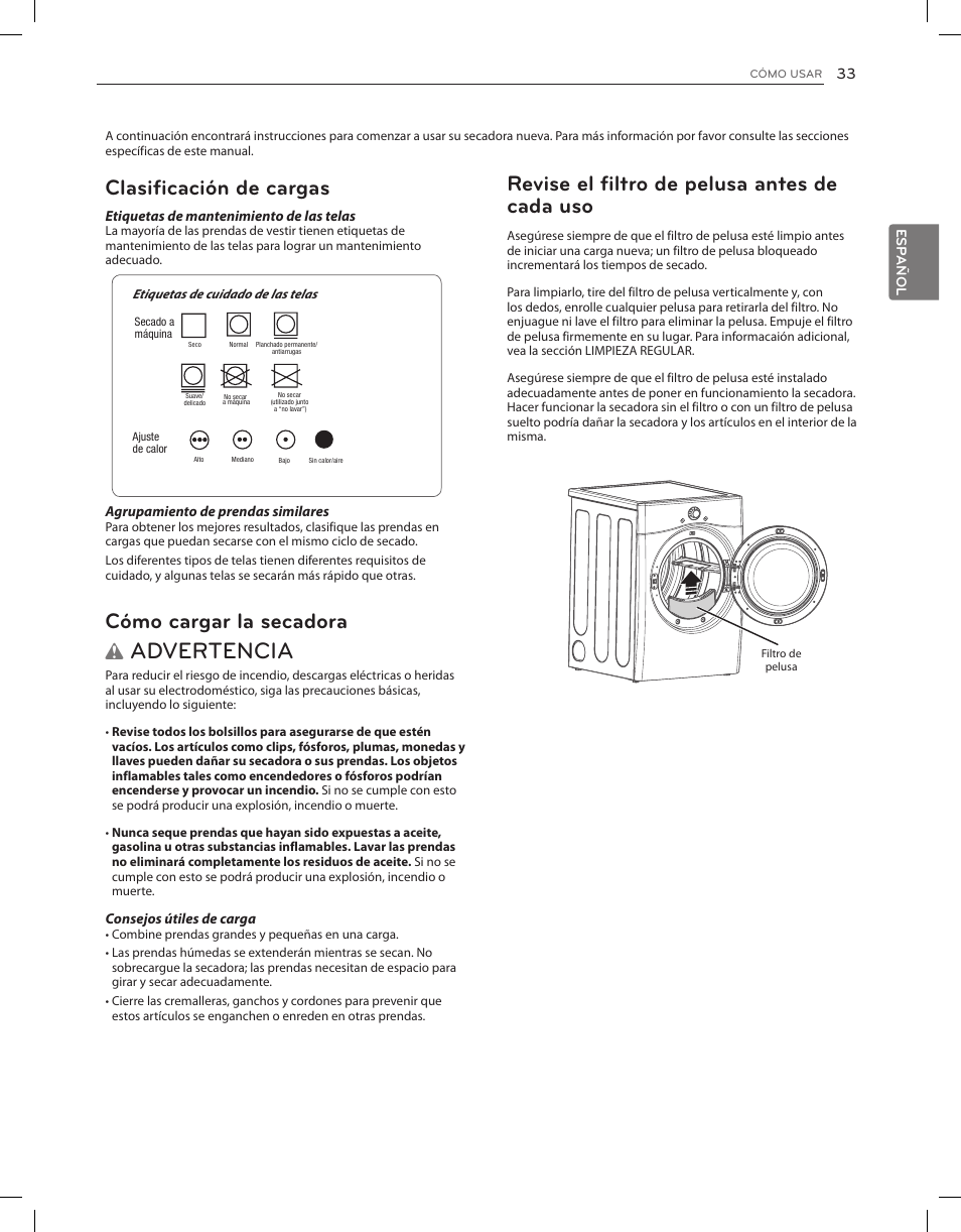 Advertencia, Revise el filtro de pelusa antes de cada uso, Clasificación de cargas | Cómo cargar la secadora | LG DLGX3651V User Manual | Page 79 / 96