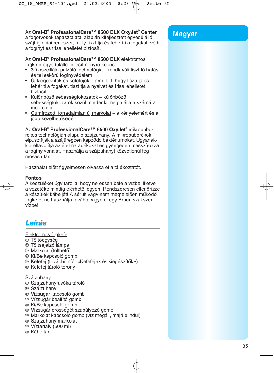 Fontos | Braun OC18 Professional Care Center User Manual | Page 35 / 102