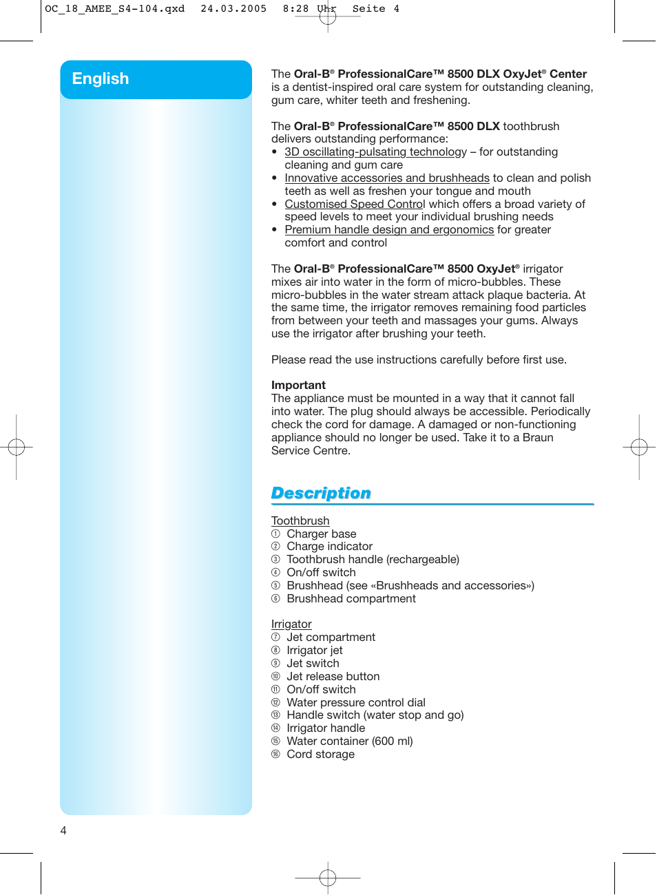 Description | Braun OC18 Professional Care Center User Manual | Page 4 / 102
