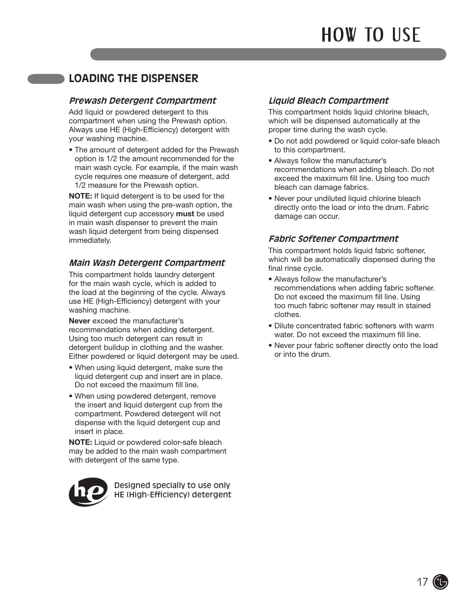 H o w to u s e, Loading the dispenser | LG WM3001HWA User Manual | Page 17 / 72