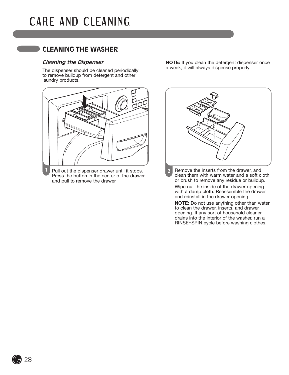 Cleaning the washer | LG WM3001HWA User Manual | Page 28 / 72