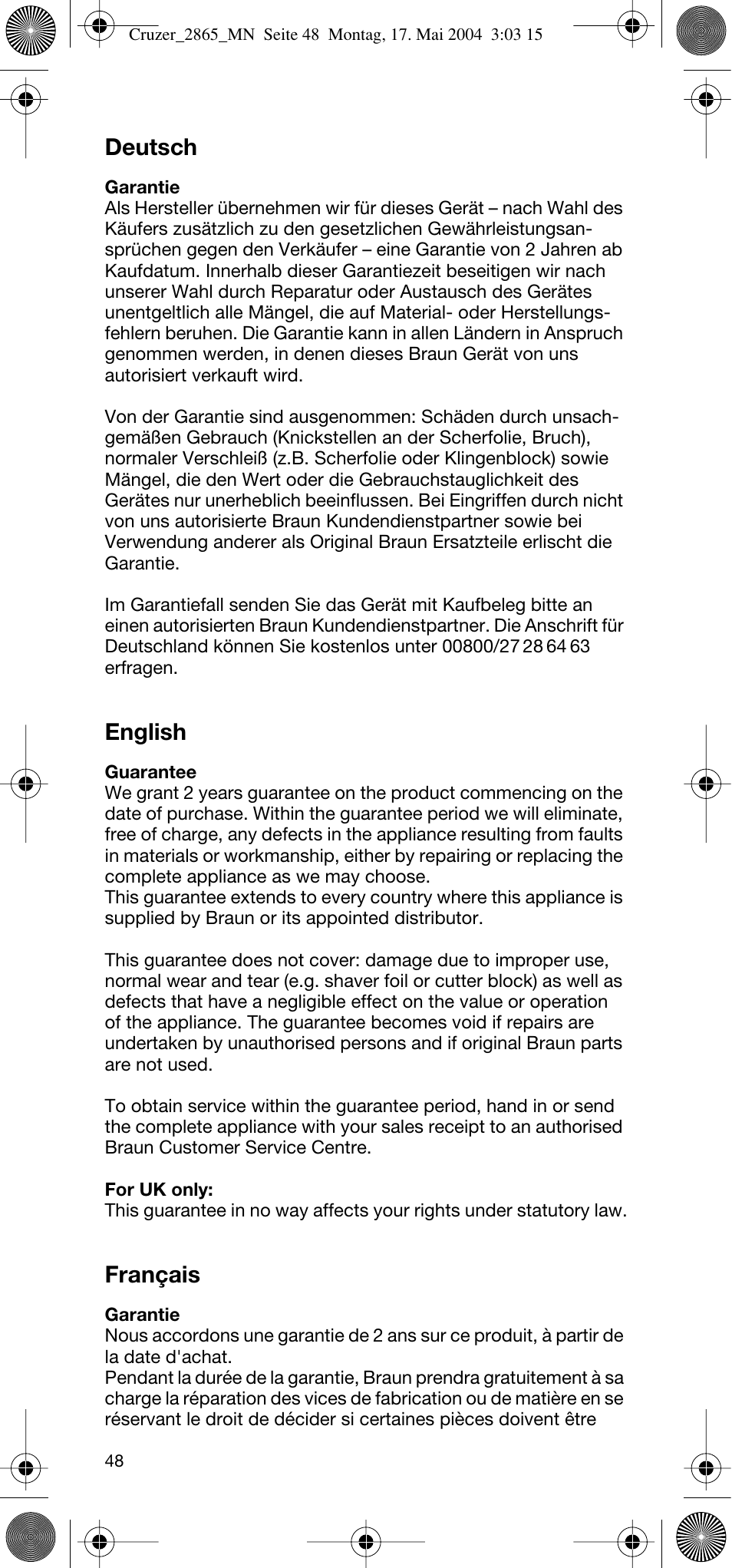 Deutsch, English, Français | Braun 2865 Cruzer3 User Manual | Page 47 / 56