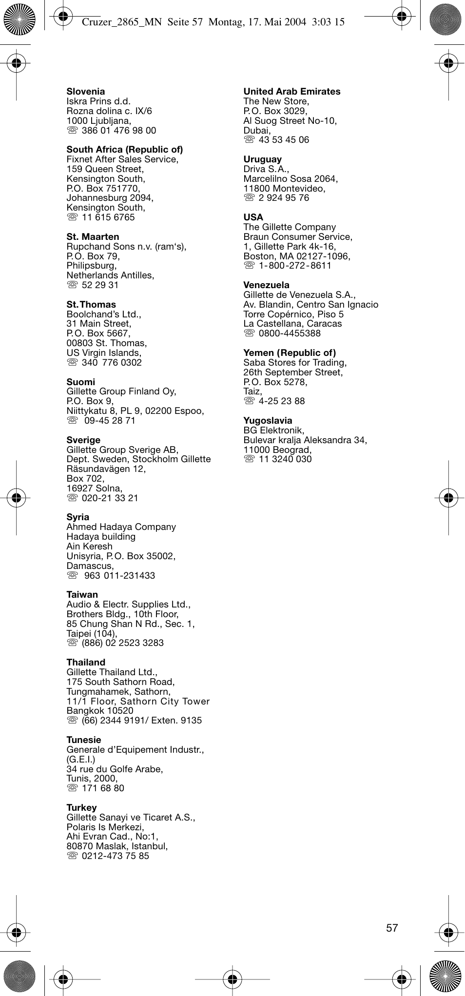 Braun 2865 Cruzer3 User Manual | Page 56 / 56