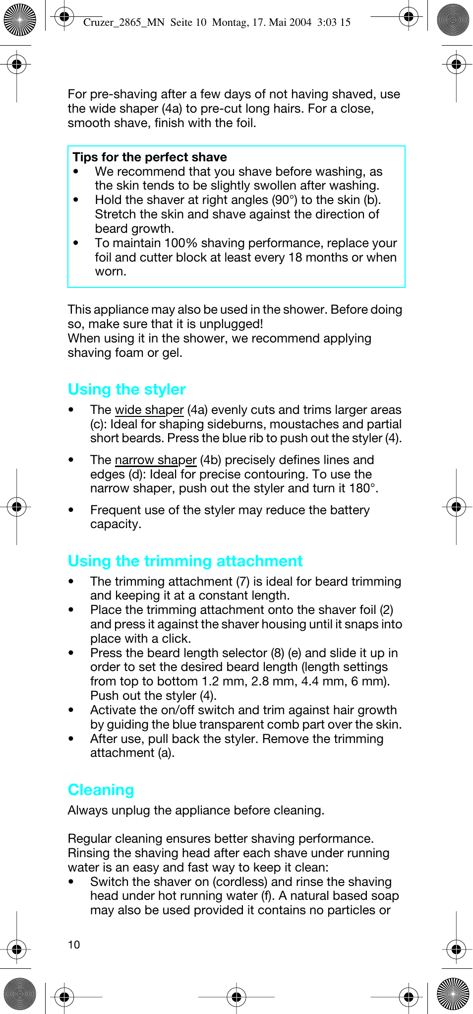 Using the styler, Using the trimming attachment, Cleaning | Braun 2865 Cruzer3 User Manual | Page 9 / 56