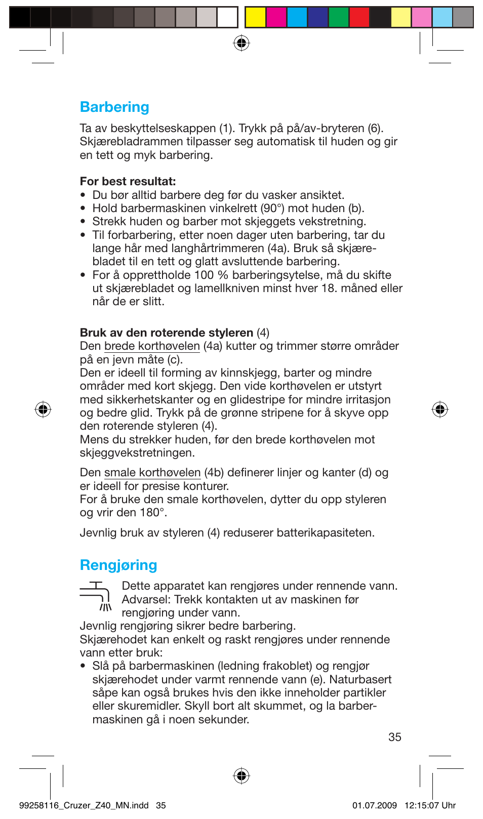Barbering, Rengjøring | Braun Z40 CruZer2 User Manual | Page 34 / 56
