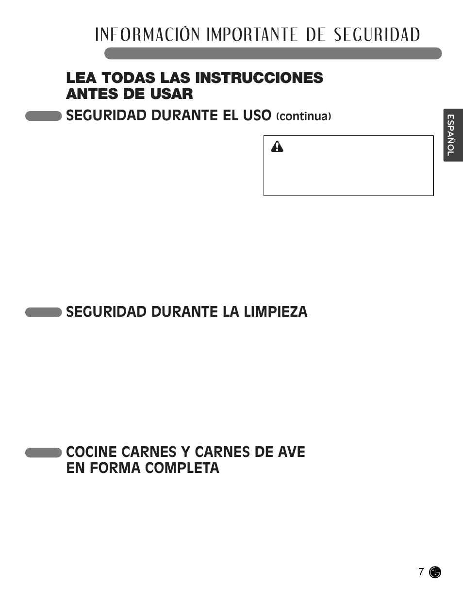 Información importante de seguridad, Lea todas las instrucciones antes de usar, Cocine carnes y carnes de ave en forma completa | Seguridad durante el uso, Seguridad durante la limpieza precaución | LG LCE30845 User Manual | Page 37 / 92