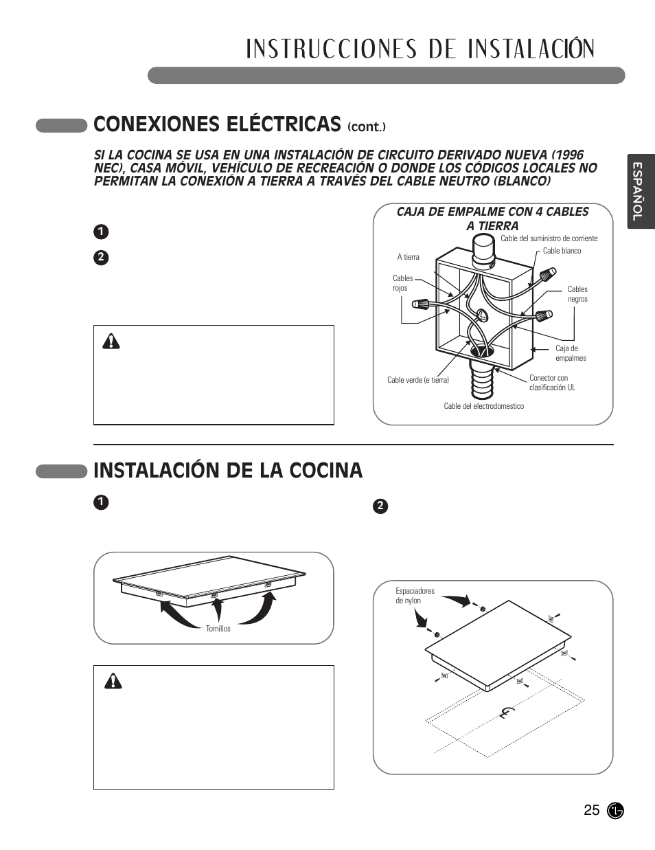 Instrucciones de instalación, Conexiones eléctricas, Instalación de la cocina | Advertencia | LG LCE30845 User Manual | Page 55 / 92