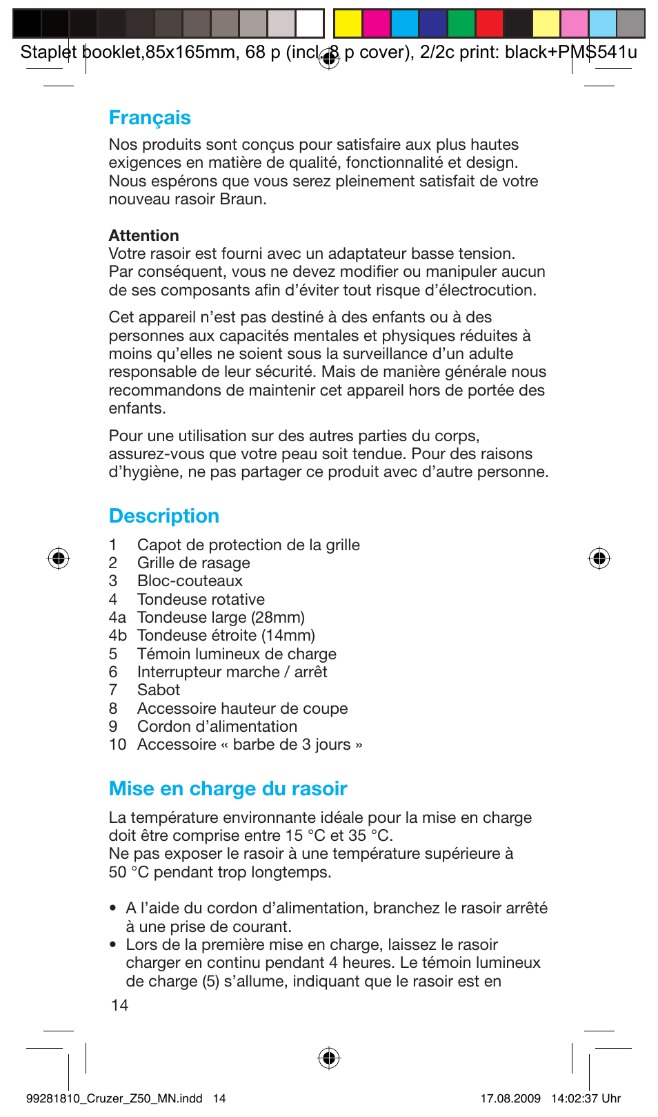 Français, Description, Mise en charge du rasoir | Braun Z50-5734 CruZer3 User Manual | Page 14 / 66