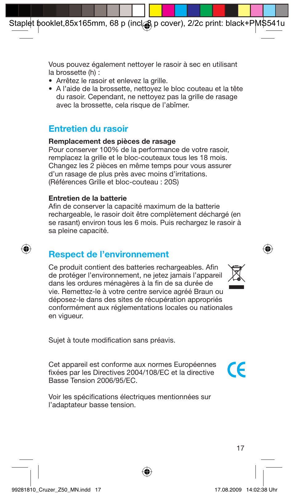 Entretien du rasoir, Respect de l’environnement | Braun Z50-5734 CruZer3 User Manual | Page 17 / 66