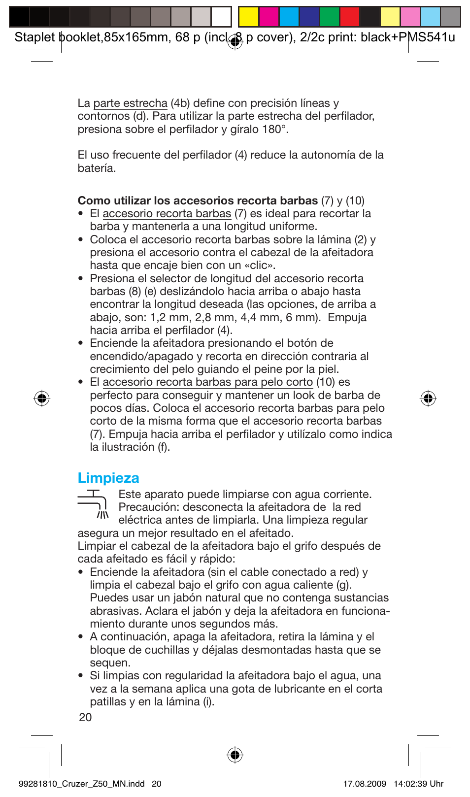 Limpieza | Braun Z50-5734 CruZer3 User Manual | Page 20 / 66