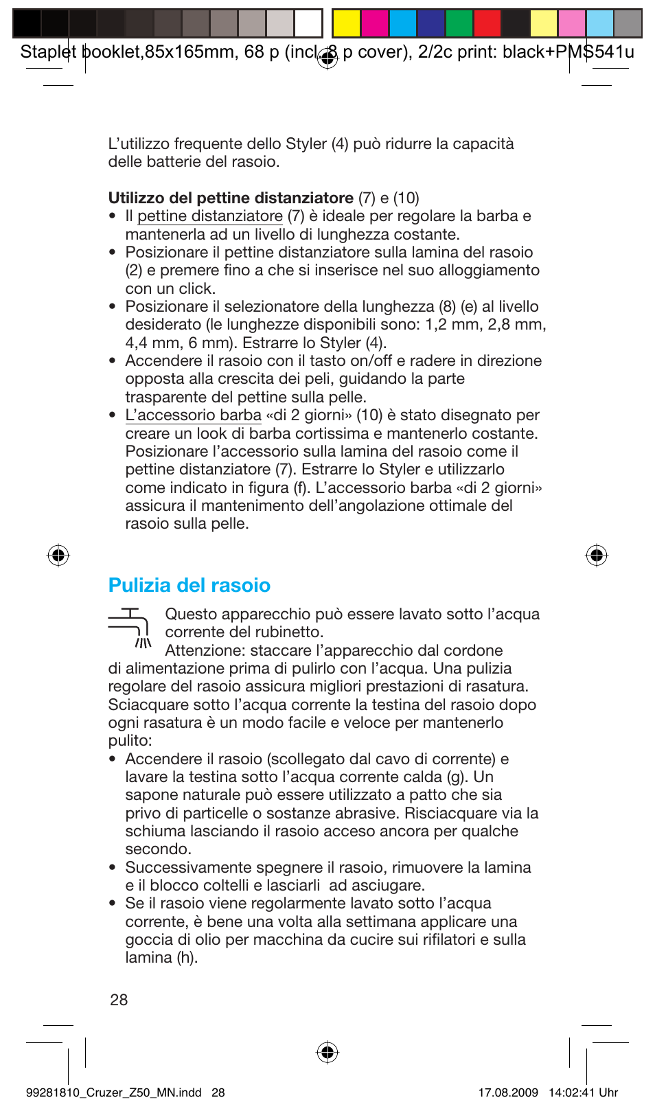 Pulizia del rasoio | Braun Z50-5734 CruZer3 User Manual | Page 28 / 66