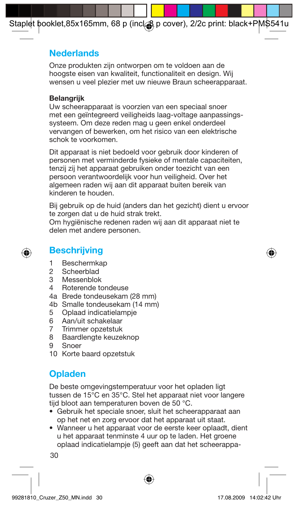 Nederlands, Beschrijving, Opladen | Braun Z50-5734 CruZer3 User Manual | Page 30 / 66