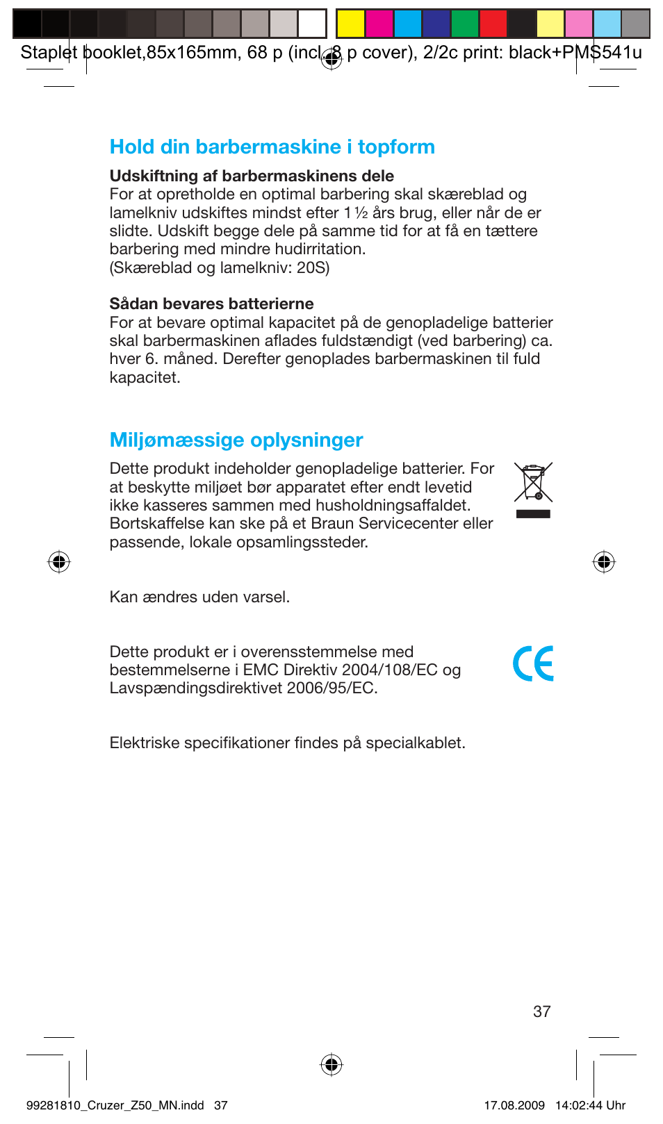 Hold din barbermaskine i topform, Miljømæssige oplysninger | Braun Z50-5734 CruZer3 User Manual | Page 37 / 66
