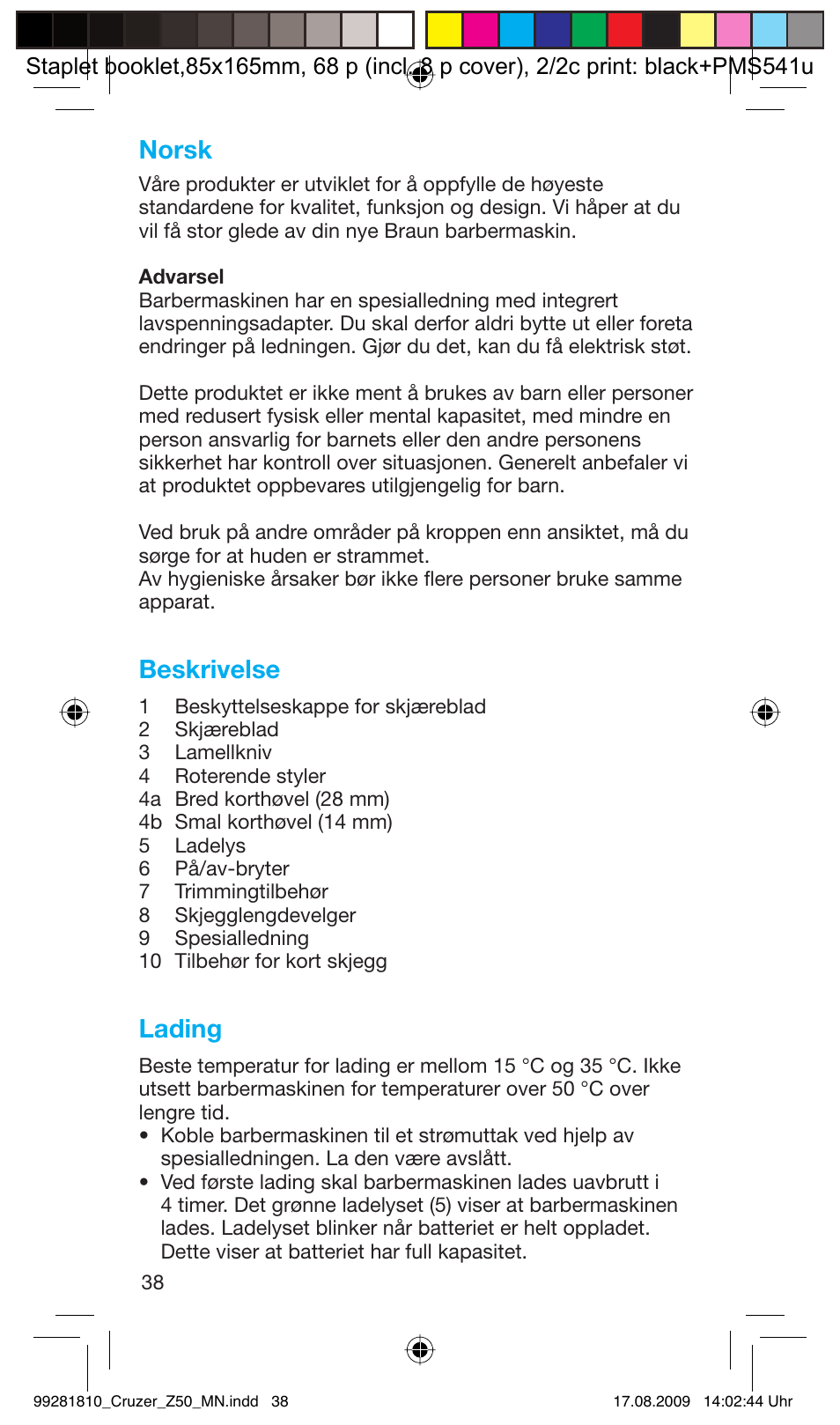 Norsk, Beskrivelse, Lading | Braun Z50-5734 CruZer3 User Manual | Page 38 / 66