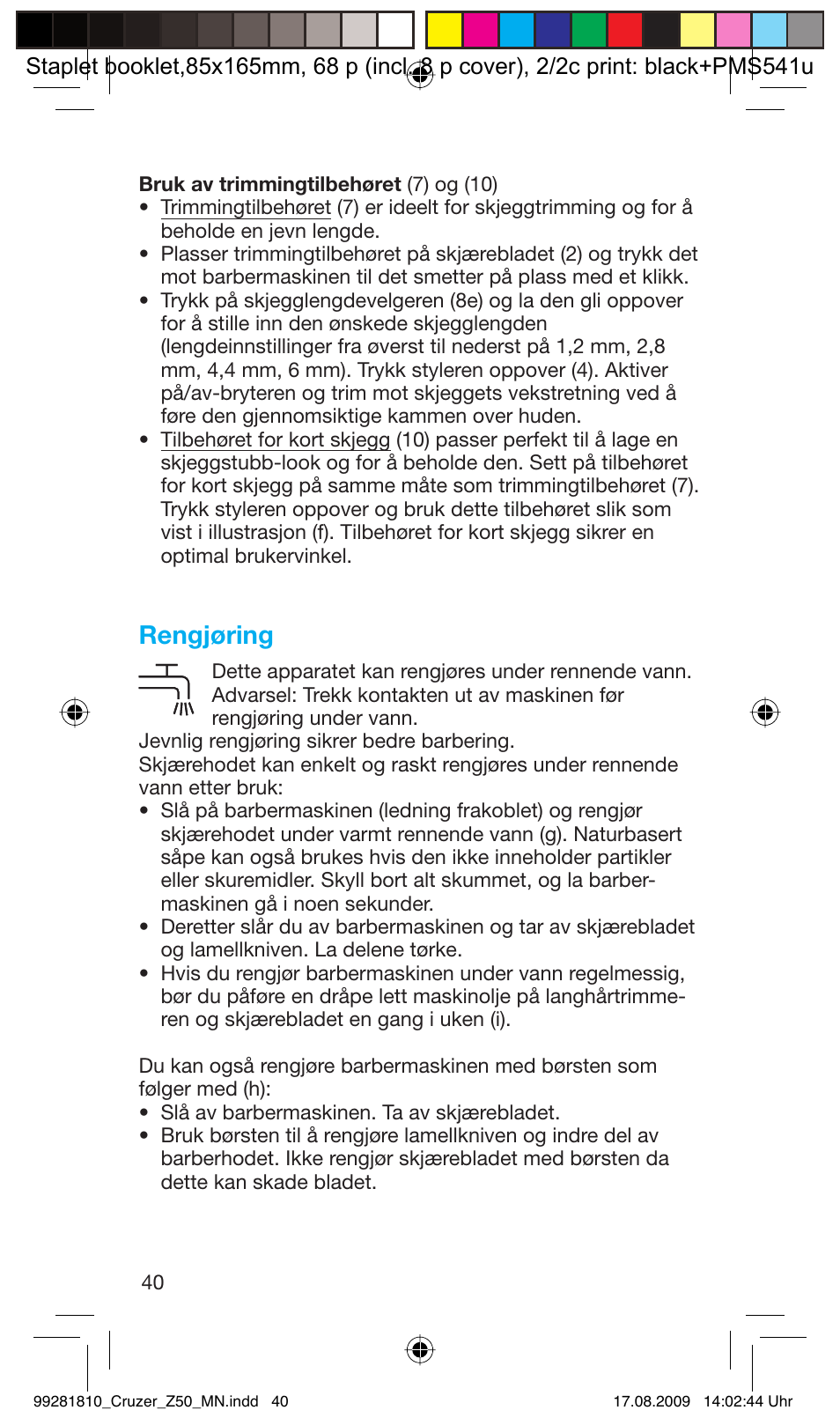 Rengjøring | Braun Z50-5734 CruZer3 User Manual | Page 40 / 66