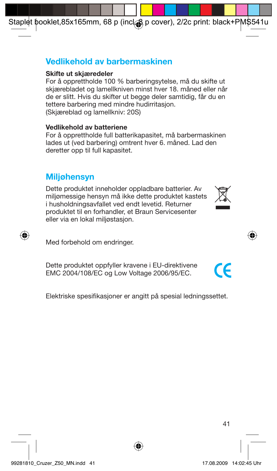 Vedlikehold av barbermaskinen, Miljøhensyn | Braun Z50-5734 CruZer3 User Manual | Page 41 / 66