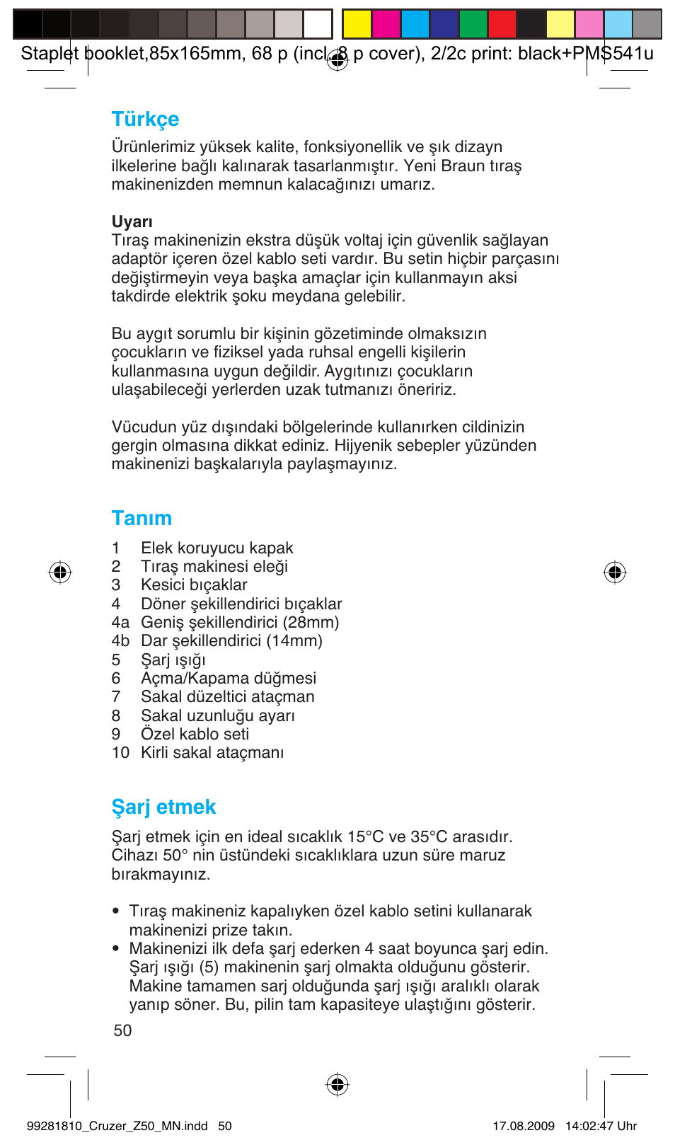 Türkçe, Tanım, Şarj etmek | Braun Z50-5734 CruZer3 User Manual | Page 50 / 66