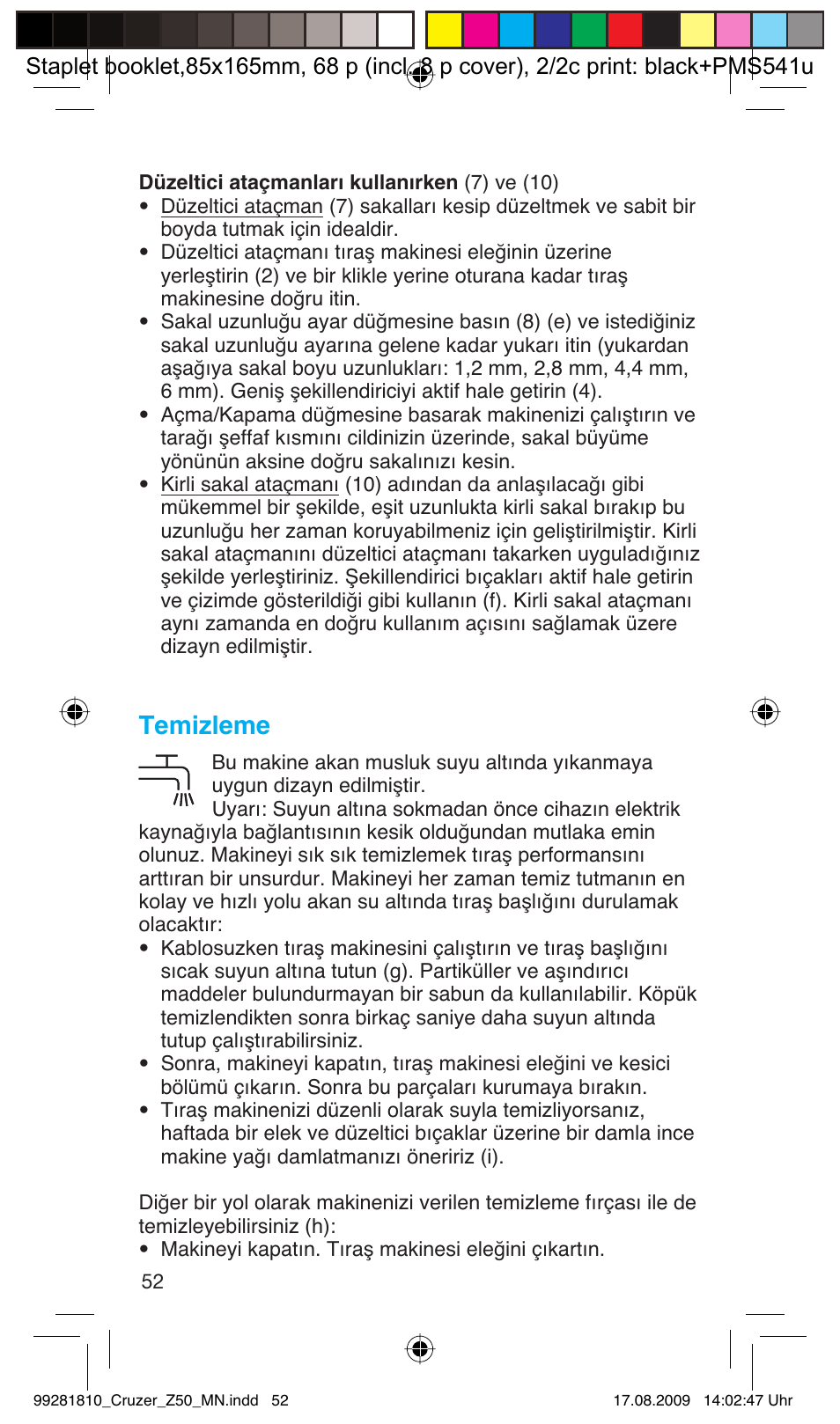 Temizleme | Braun Z50-5734 CruZer3 User Manual | Page 52 / 66
