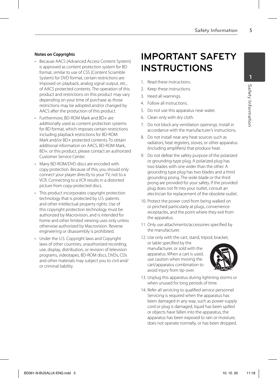 Important safety instructions | LG BD550 User Manual | Page 5 / 92