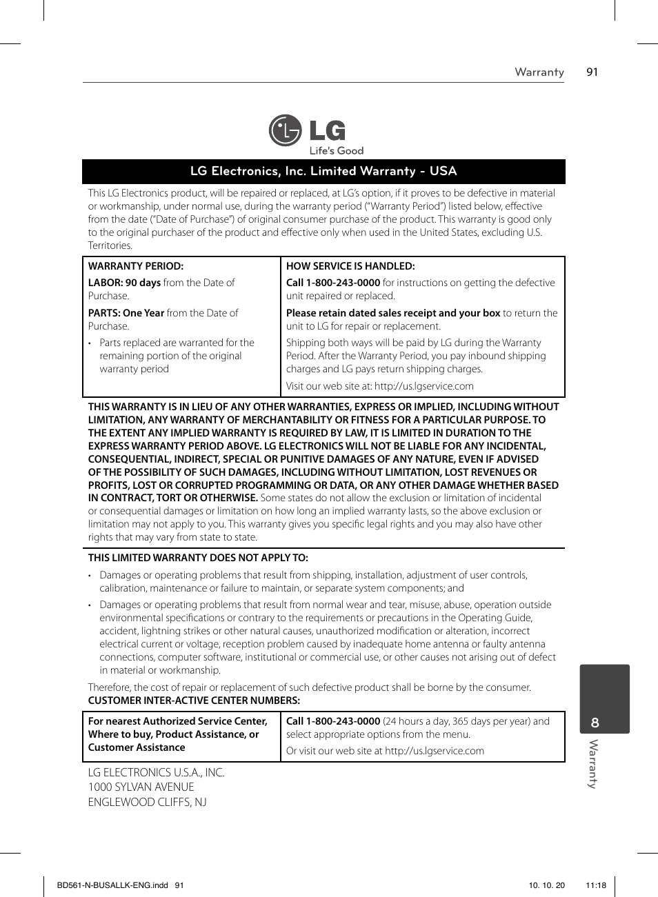 Lg electronics, inc. limited warranty - usa | LG BD550 User Manual | Page 91 / 92