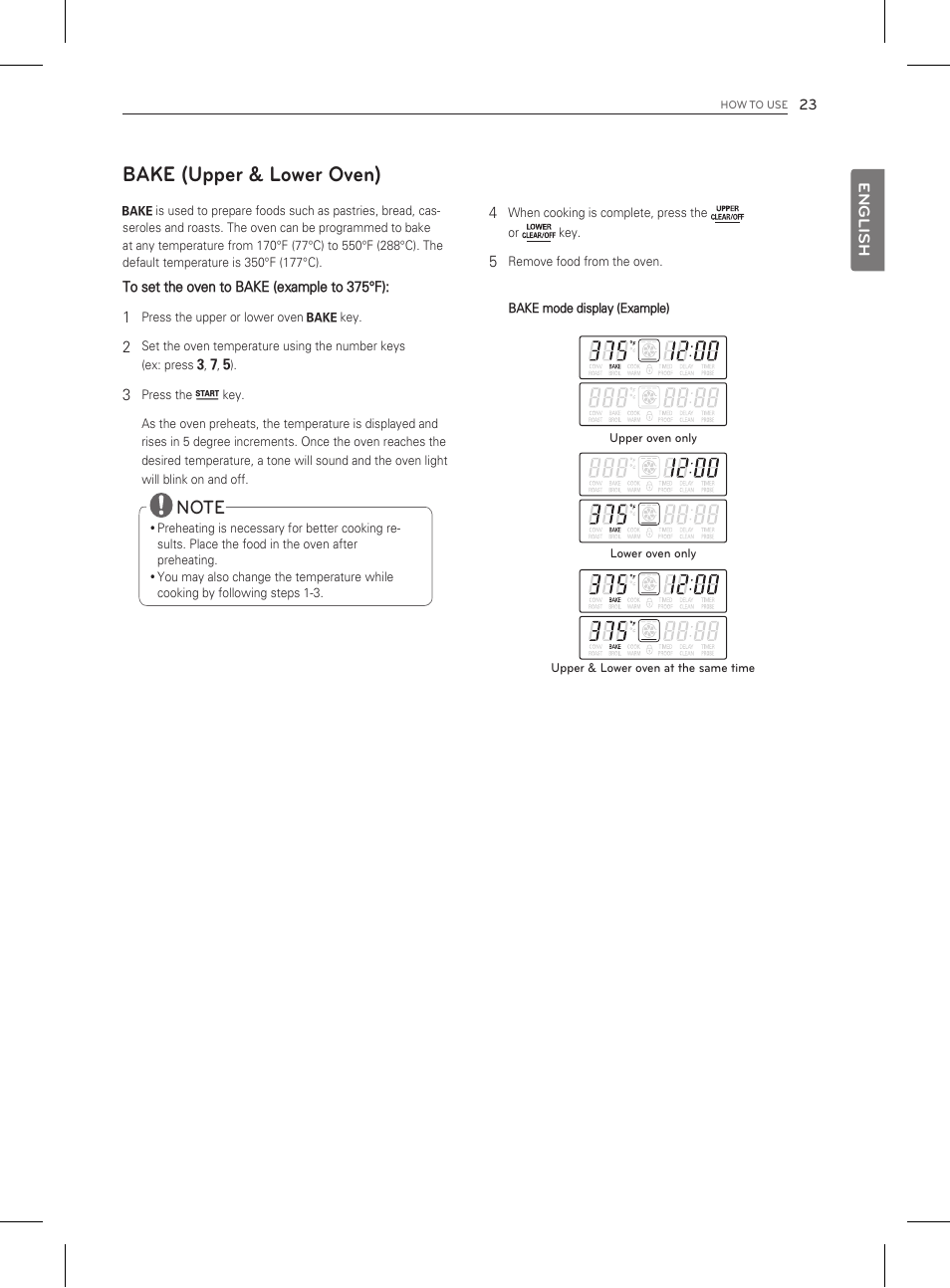 Bake (upper & lower oven) | LG LDG3011ST User Manual | Page 23 / 43