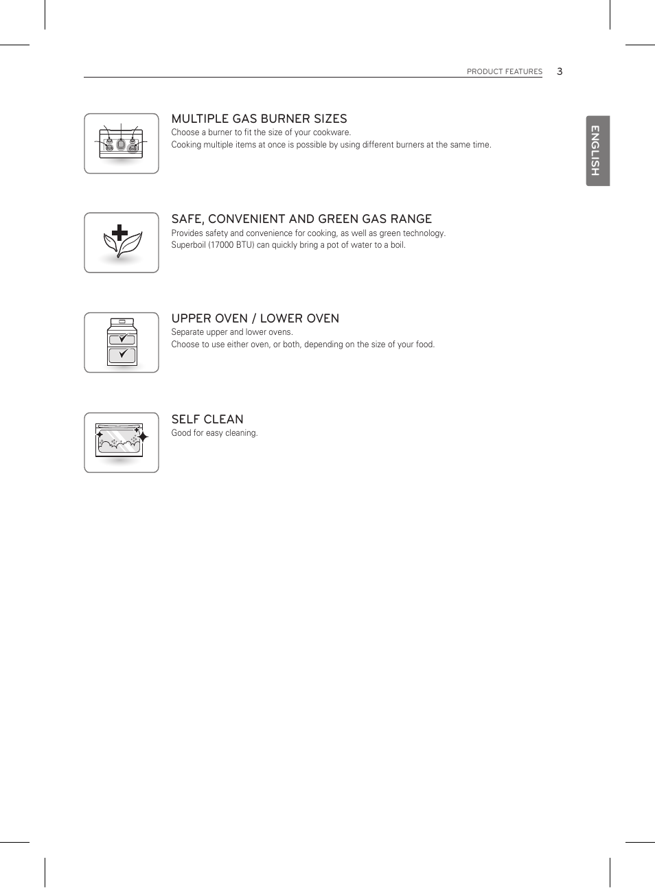 Safe, convenient and green gas range, Multiple gas burner sizes, Upper oven / lower oven | Self clean | LG LDG3011ST User Manual | Page 3 / 43