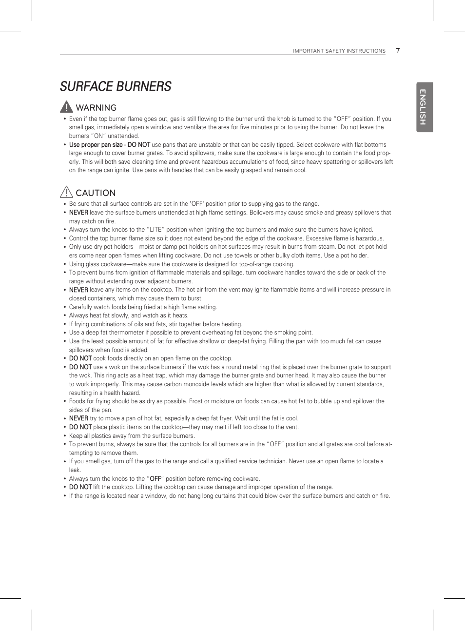 Surface burners, Warning, Caution | LG LDG3011ST User Manual | Page 7 / 43