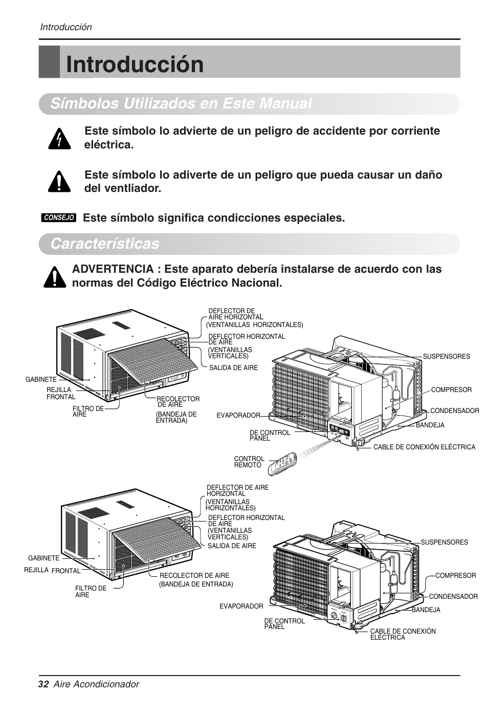 Símbolos utilizados en este manual características, Introducción, Aire acondicionador 3 2 | LG WG1205R User Manual | Page 32 / 50