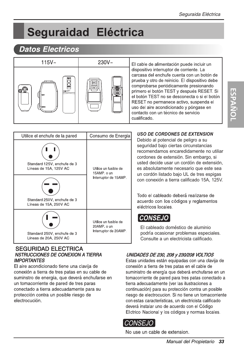 Seguraidad electrica, Es pa n o l, Espa ñ ol | LG WG1205R User Manual | Page 33 / 50