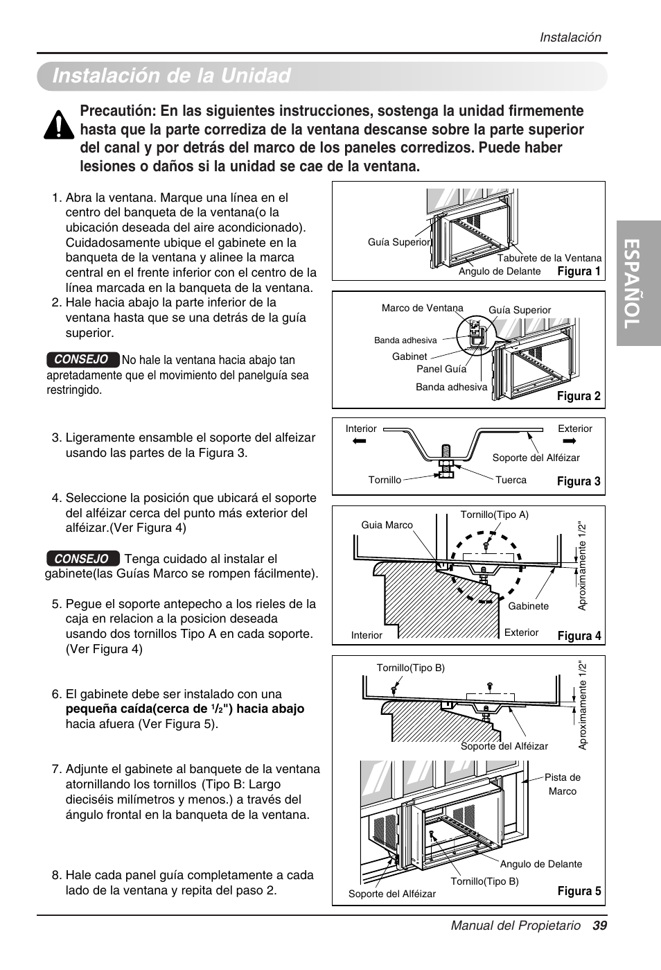 Instalación de la unidad, Espa ñ ol | LG WG1205R User Manual | Page 39 / 50