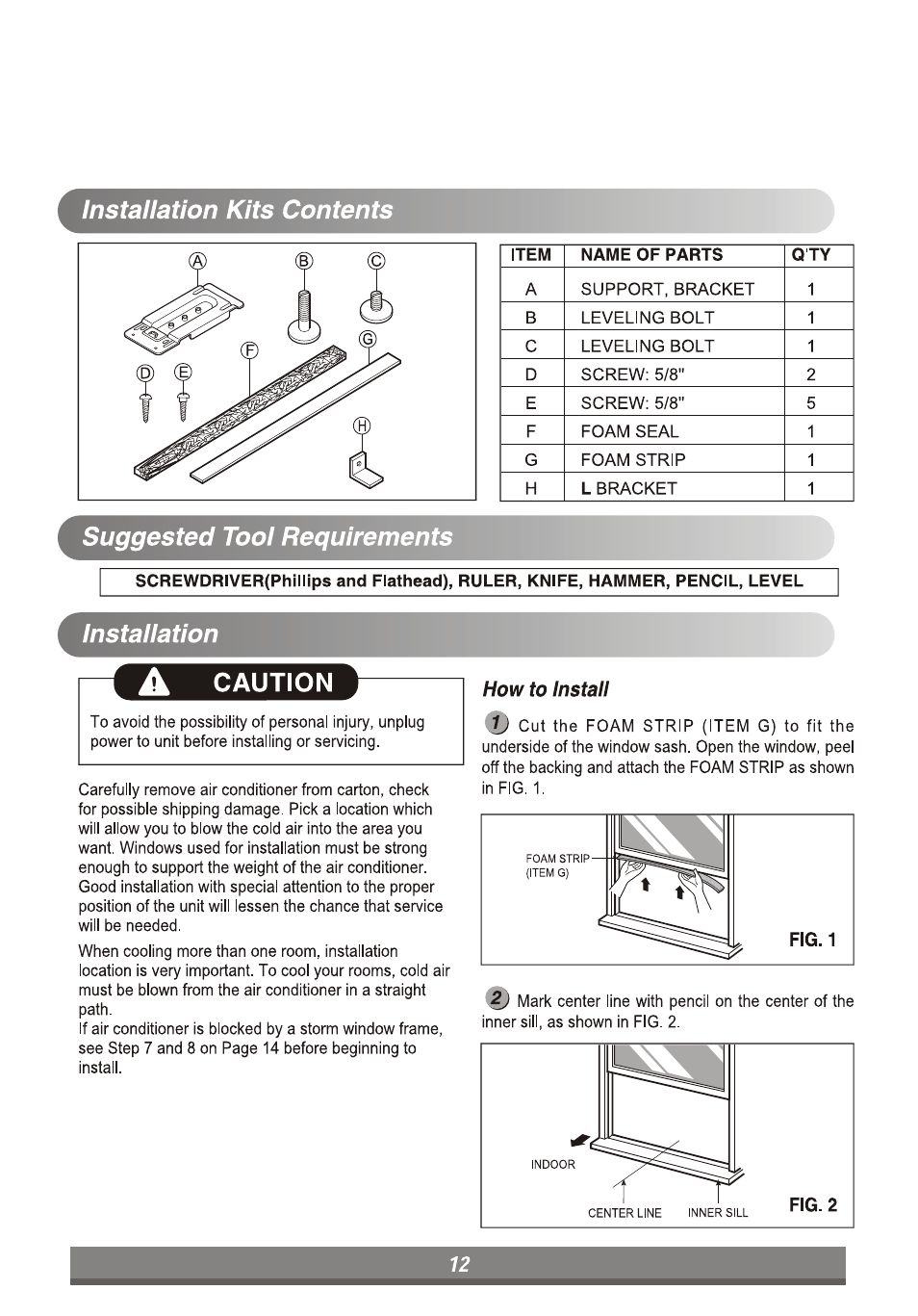 Installation kits contents, Suggested tool requirements, Installation | Caution | LG LP6011ER User Manual | Page 12 / 39