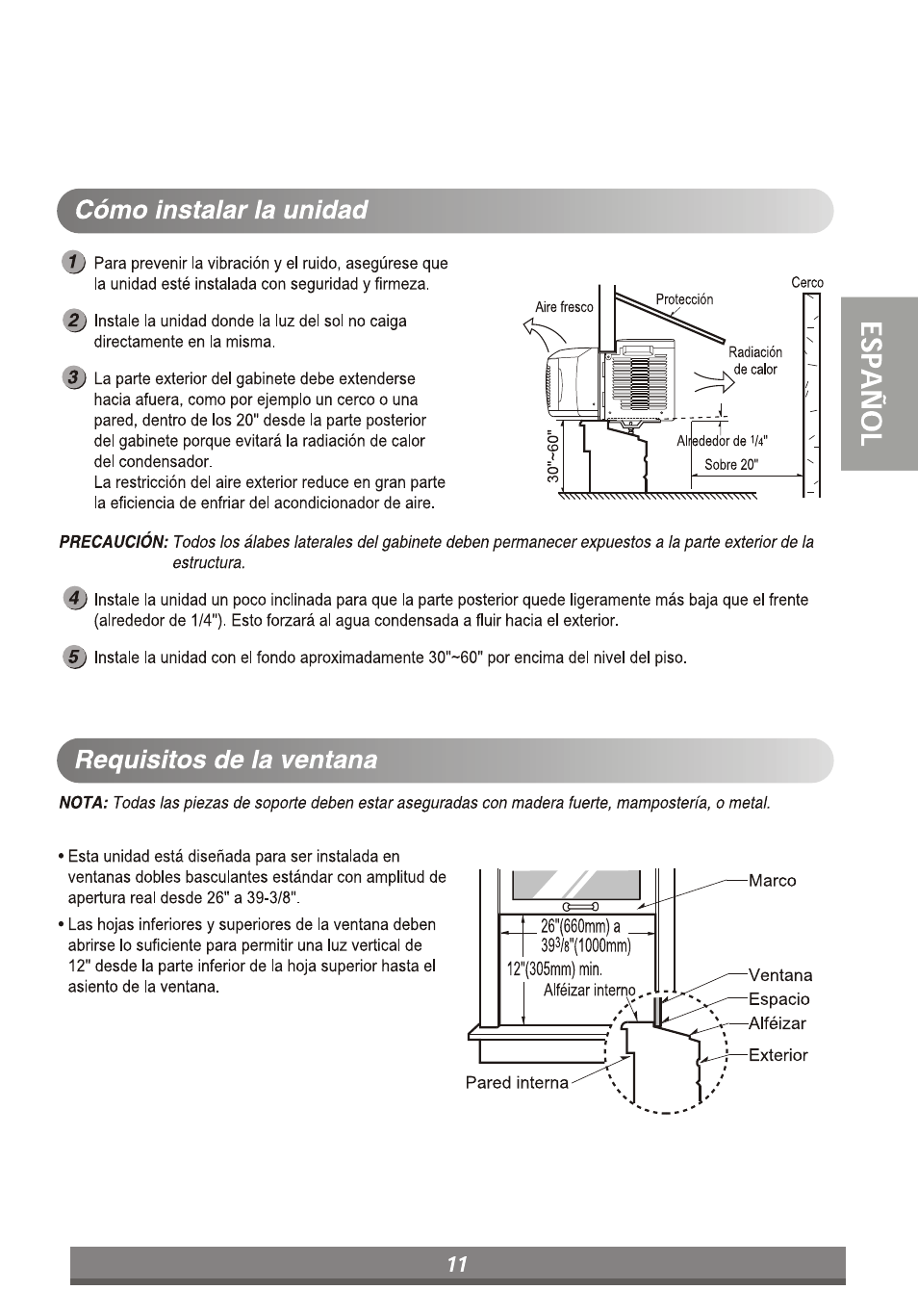 Cómo instalar la unidad, Requisitos de la ventana | LG LP6011ER User Manual | Page 29 / 39