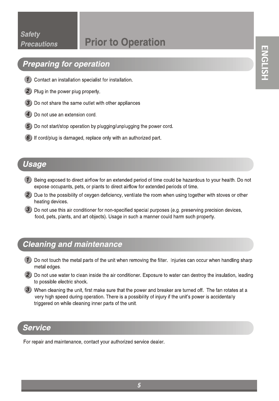 Prior to operation, Preparing for operation, Usage | Cieaning and maintenance, Service | LG LP6011ER User Manual | Page 5 / 39