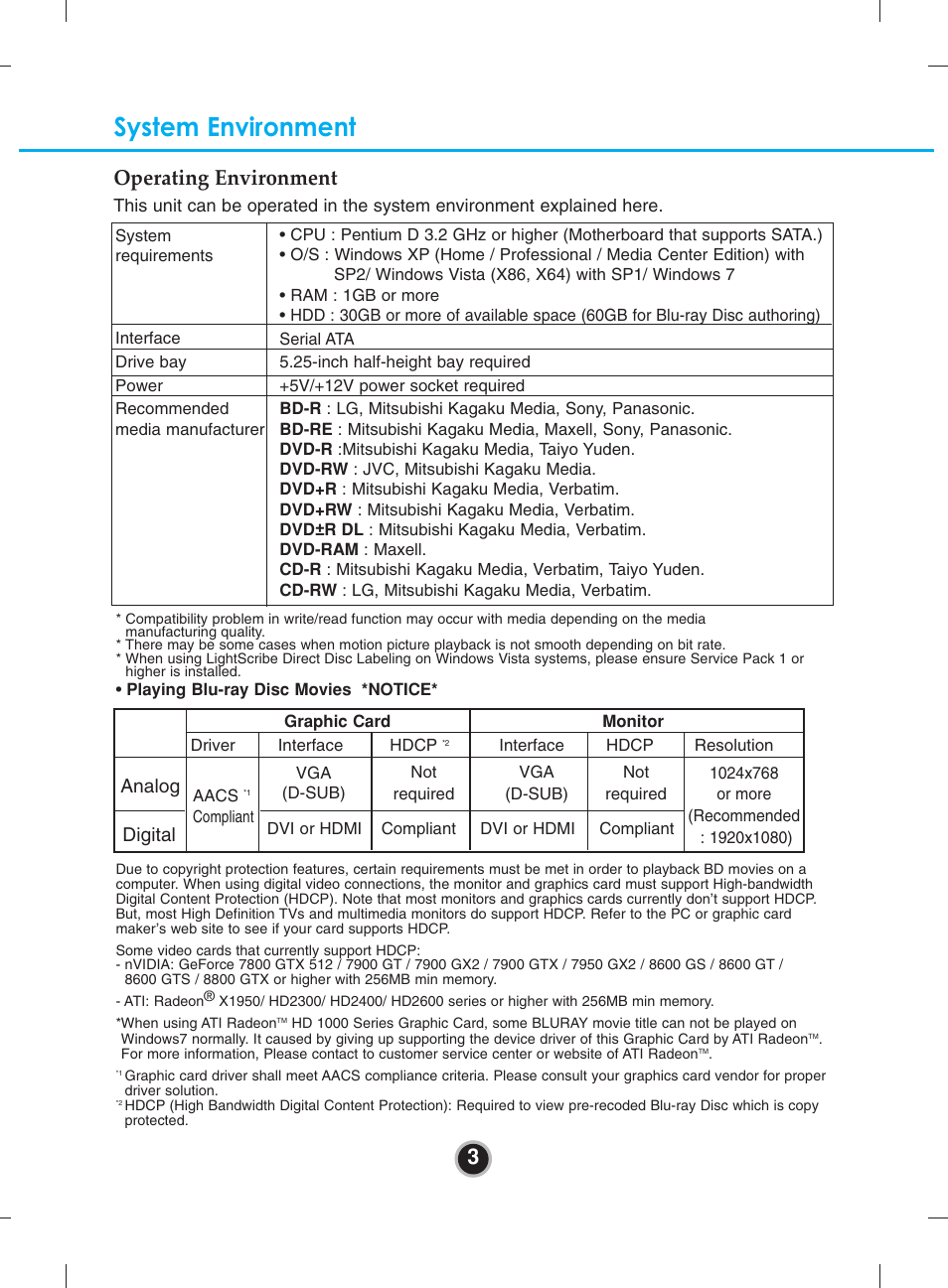 System environment, 3operating environment, Analog digital | LG BH10LS30 User Manual | Page 6 / 15