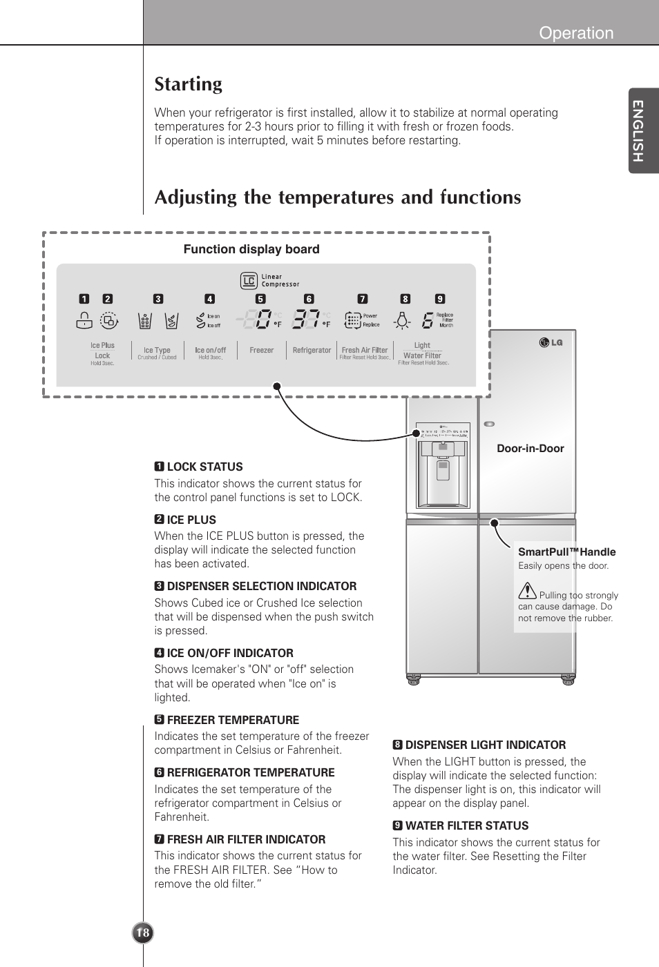 Starting, Adjusting the temperatures and functions, Operation | English | LG LSC22991ST User Manual | Page 18 / 46