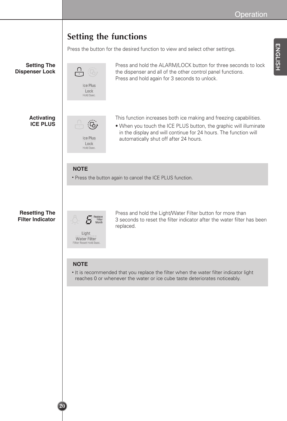Setting the functions, Operation, English | LG LSC22991ST User Manual | Page 20 / 46