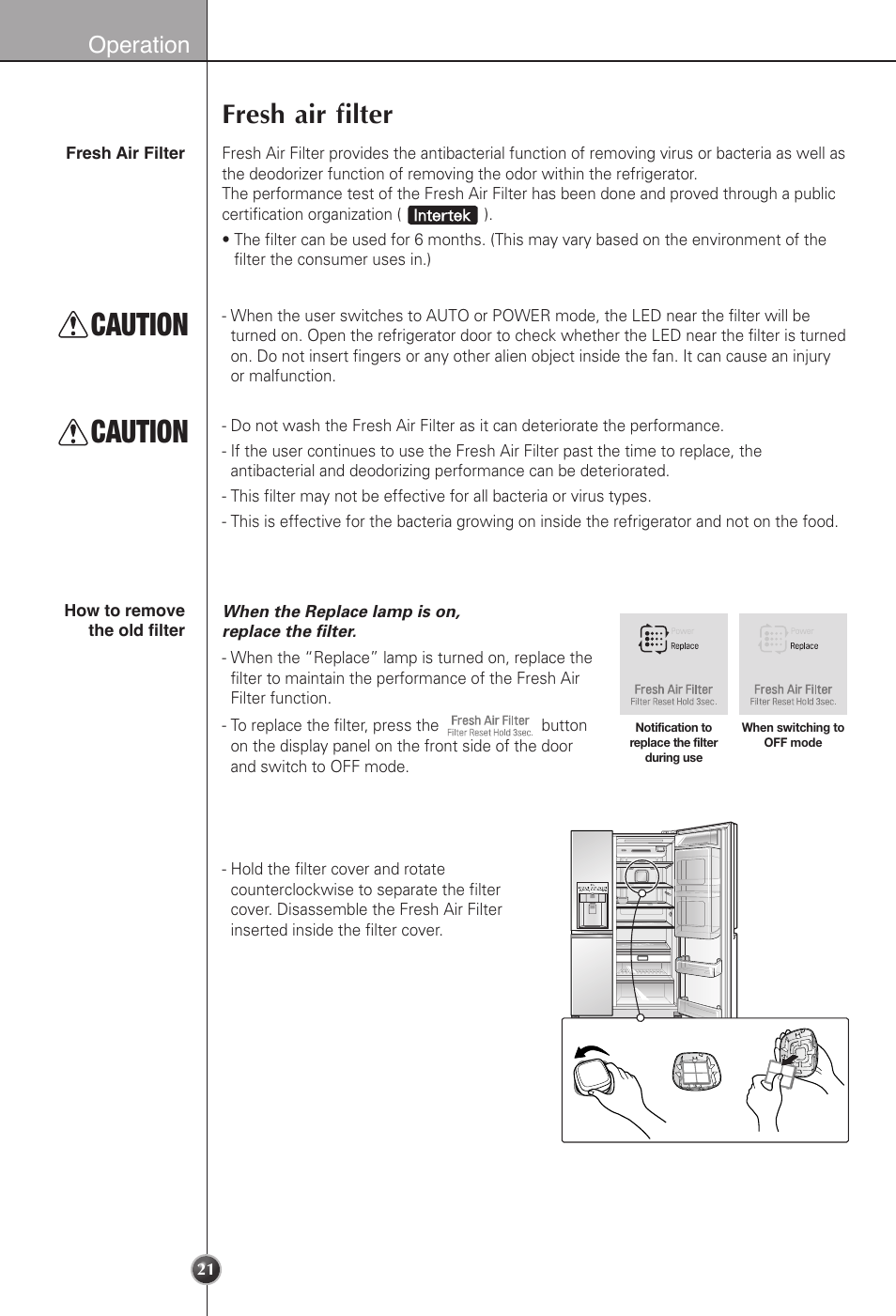 Caution, Fresh air filter, Operation | LG LSC22991ST User Manual | Page 21 / 46