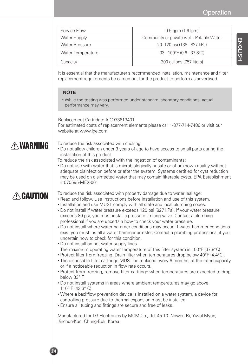 Warning caution, Operation, English | LG LSC22991ST User Manual | Page 24 / 46