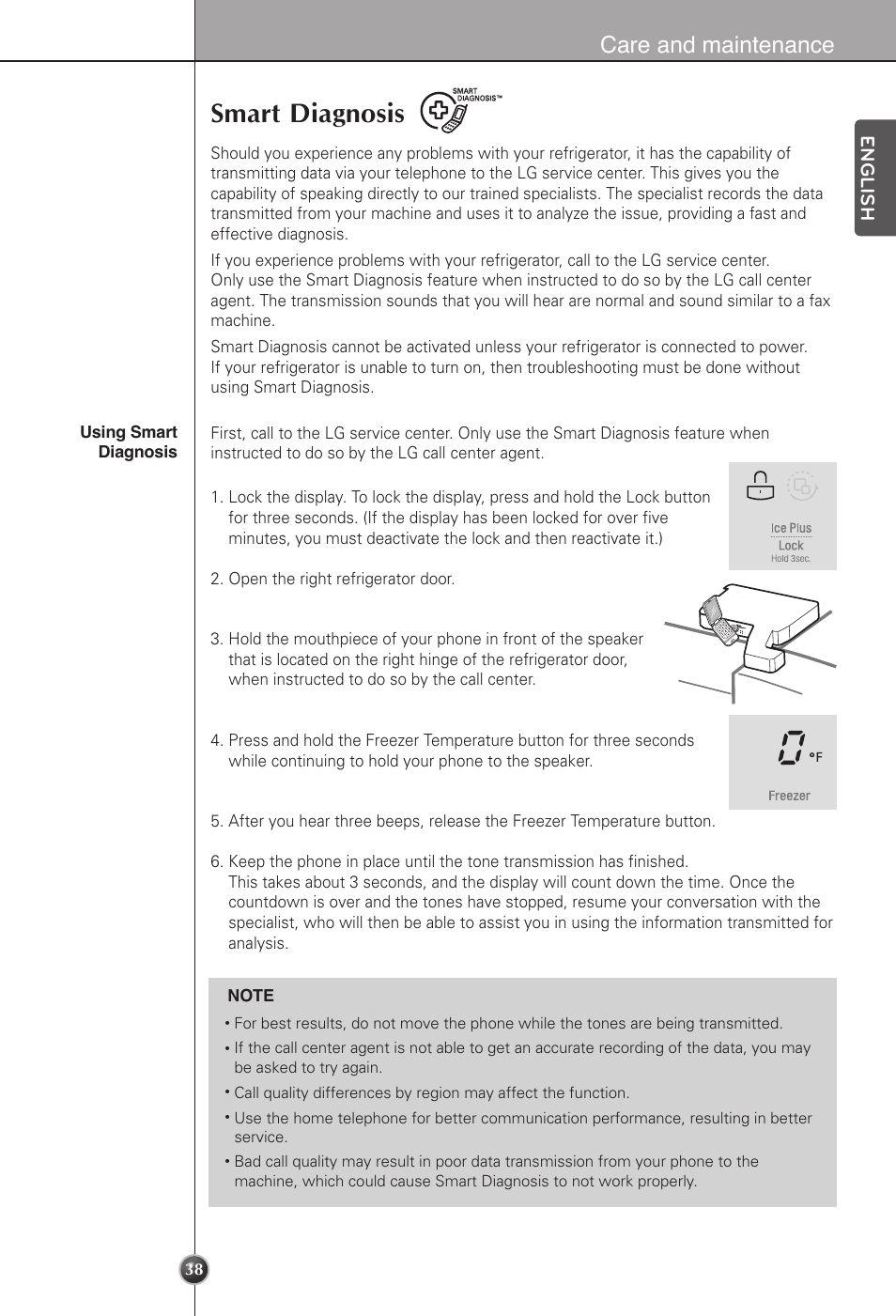 Smart diagnosis, Care and maintenance, English | LG LSC22991ST User Manual | Page 38 / 46