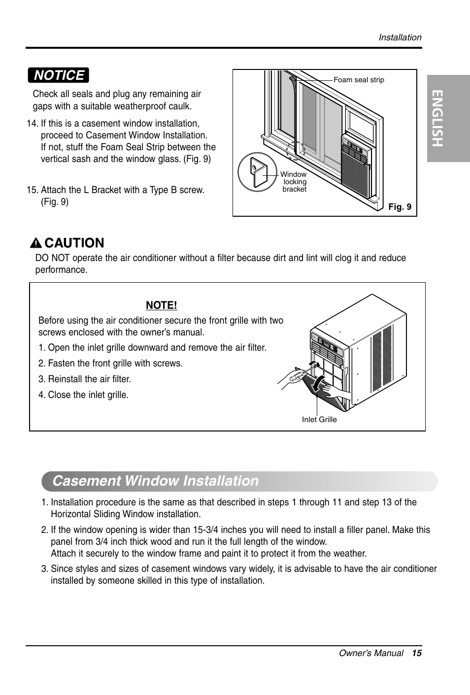 English, Casement window installation, Notice | LG LW1011CR User Manual | Page 15 / 47