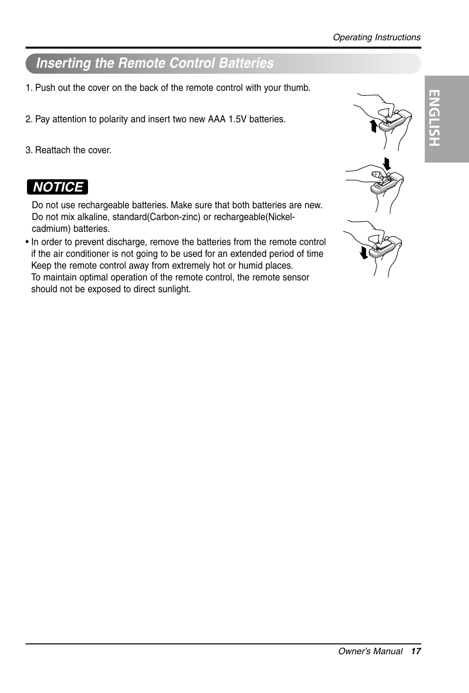 English, Inserting the remote control batteries, Notice | LG LW1011CR User Manual | Page 17 / 47