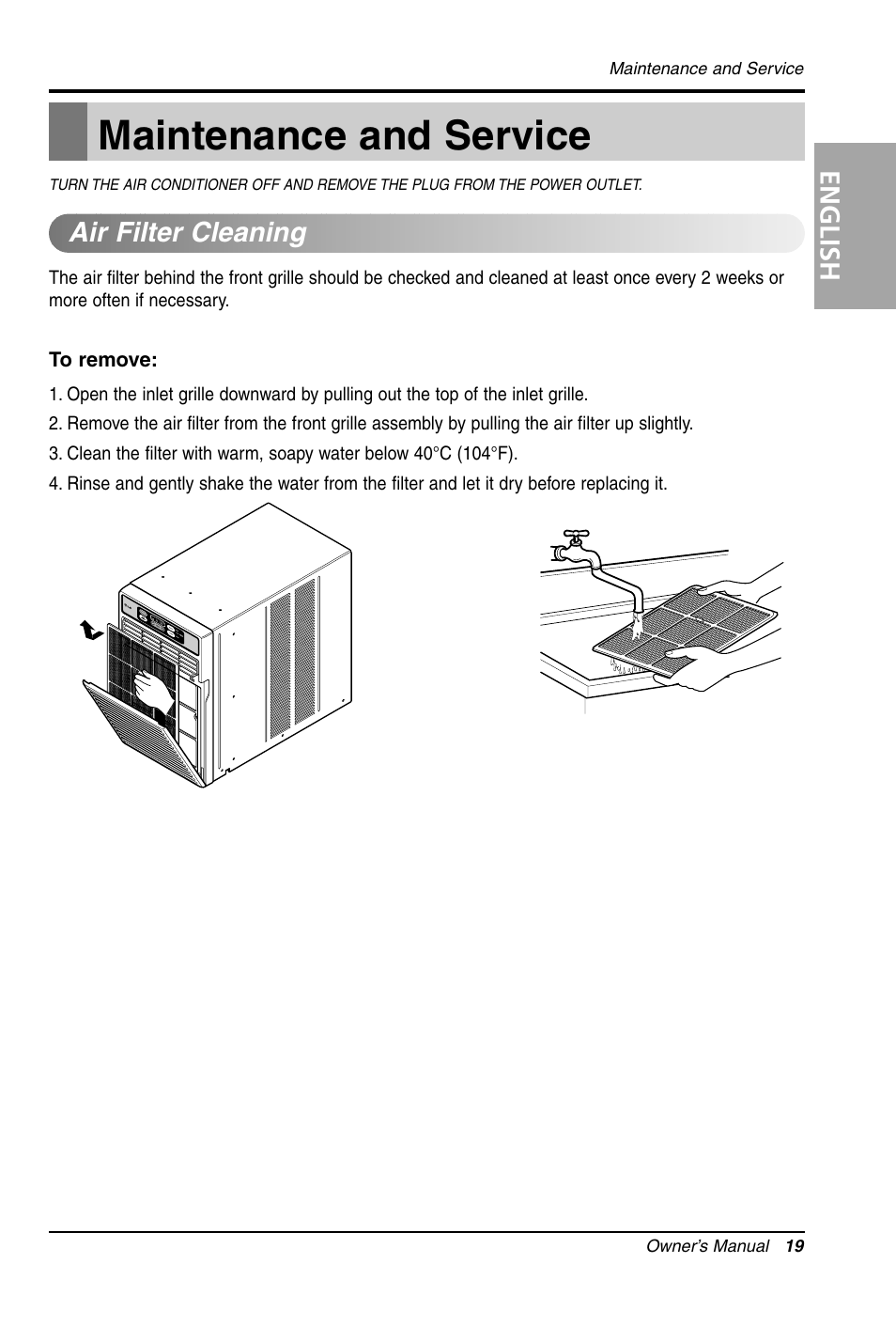 Maintenance and service, English, Air filter cleaning | LG LW1011CR User Manual | Page 19 / 47
