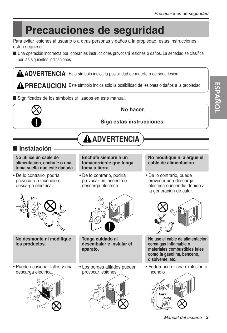 Precauciones de seguridad, Advertencia, Español | Advertencia precaucion, Instalación | LG LW1011CR User Manual | Page 24 / 47