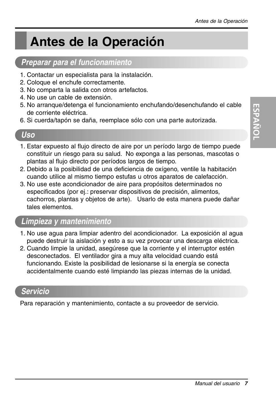 Antes de la operación, Español | LG LW1011CR User Manual | Page 28 / 47