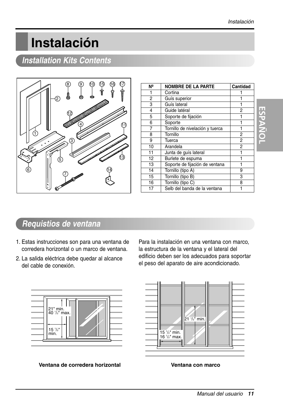 Instalación, Español, Requistios de ventana installation kits contents | LG LW1011CR User Manual | Page 32 / 47